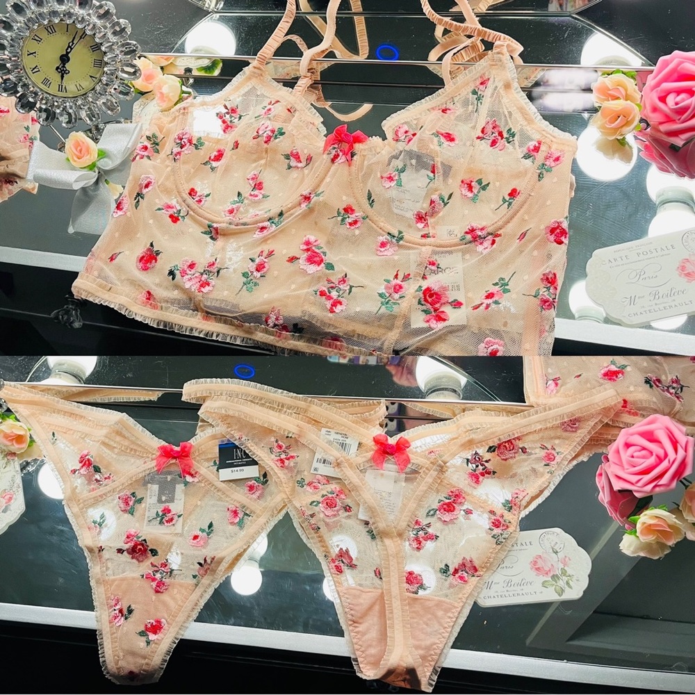 NWT INC Intl Concepts Women’s Embroidered Floral XL Bustier & 2 matching thongs